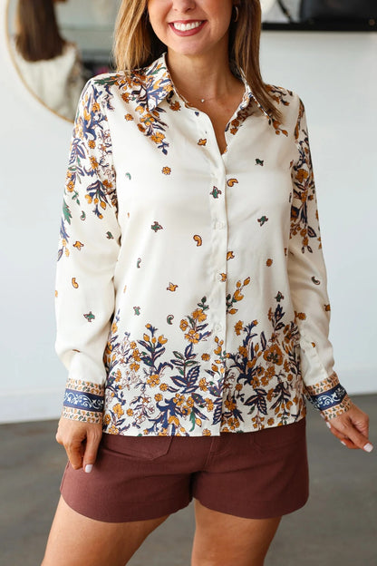 Printed Satin Button Down