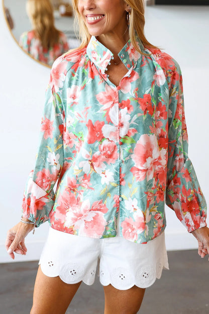 Button Front Floral Top - Seafoam