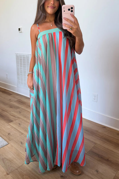 Playful Personality Color Block Stripe Maxi Dress in Seaglass