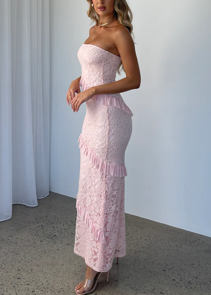 Robe longue en dentelle rose