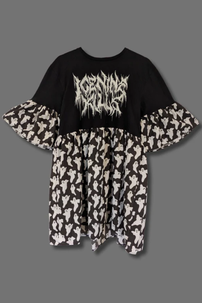 Ice Nine Kills - Black & White Ghost Print Smock Dress
