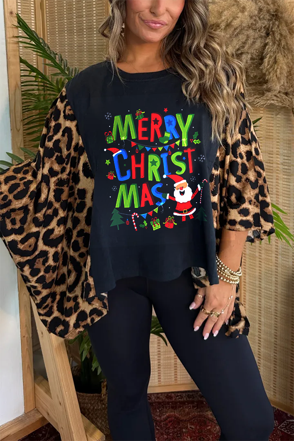 Christmas Print Bat Sleeve T-shirt (no Back Pocket)