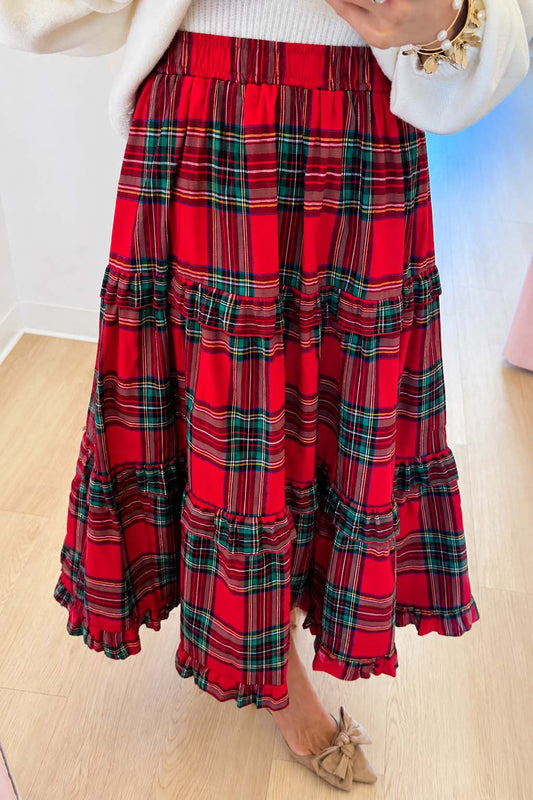 Red Multi Tartan Plaid Midi Skirt