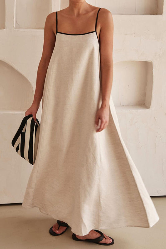 Robe à bretelles en coton et lin contrastés tendance 