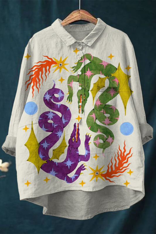 Chemise en lin à imprimé dragon vert violet vintage 