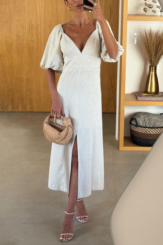 Robe élégante en lin fendue à manches courtes et col en V 