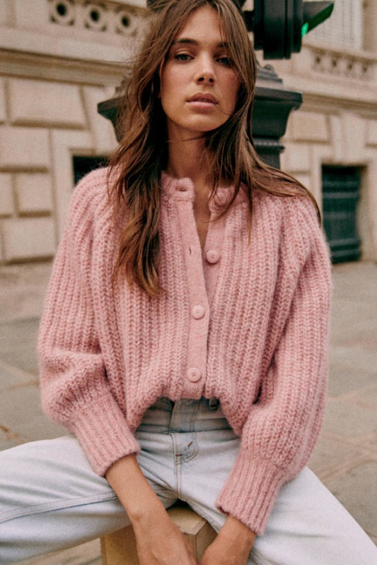 Pull cardigan ample à manches longues de couleur unie