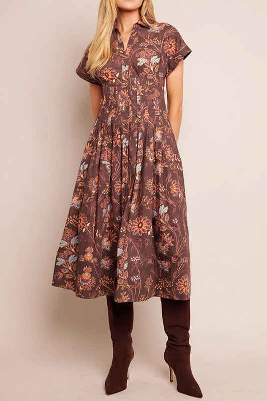Robe mi-longue marron à fleurs vintage