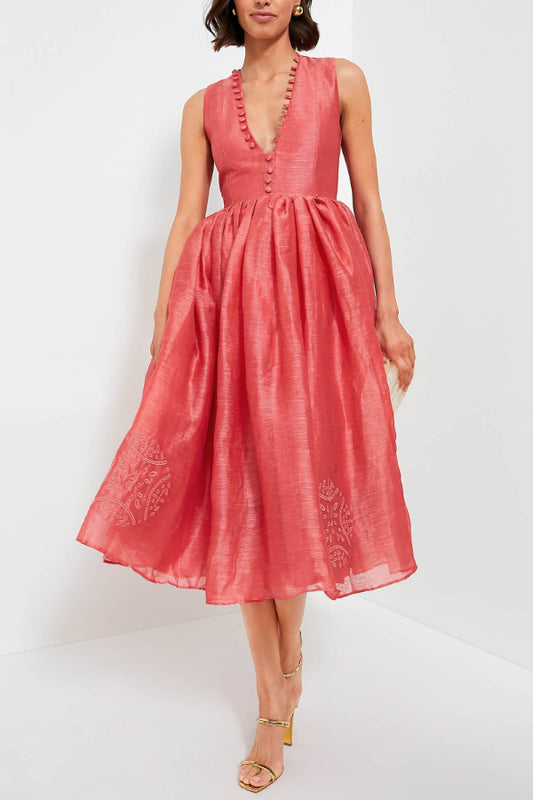 Robe mi-longue slim à col en V et broderie exquise