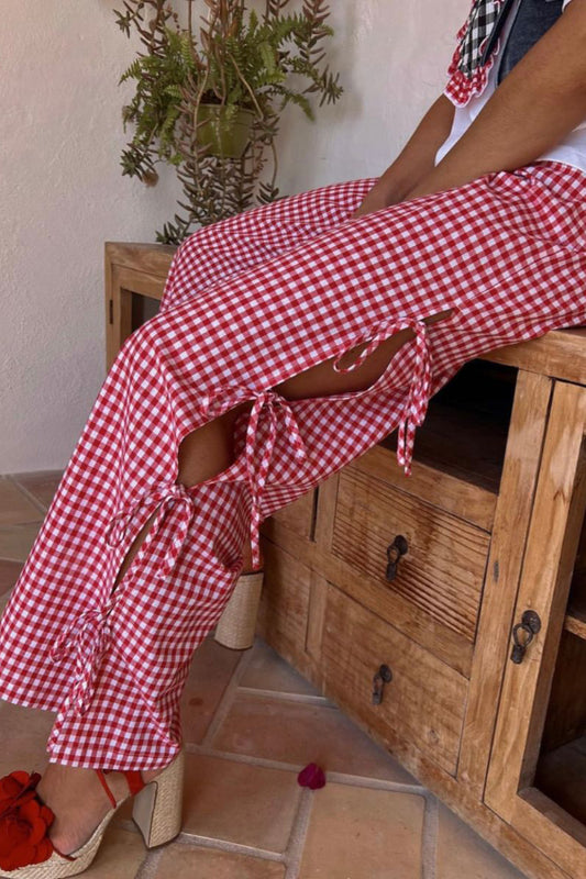 Pantalon à carreaux rouges avec cordon de serrage fendu
