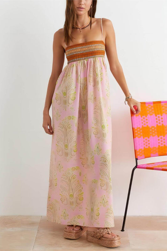 Robe mi-longue à fines bretelles à motif floral folklorique bosniaque