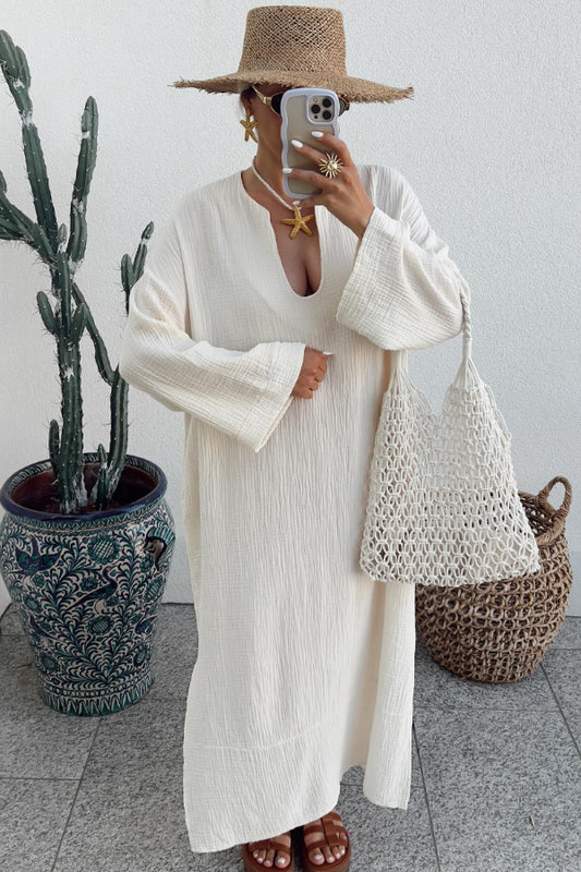 Robe unie à manches longues en coton et lin
