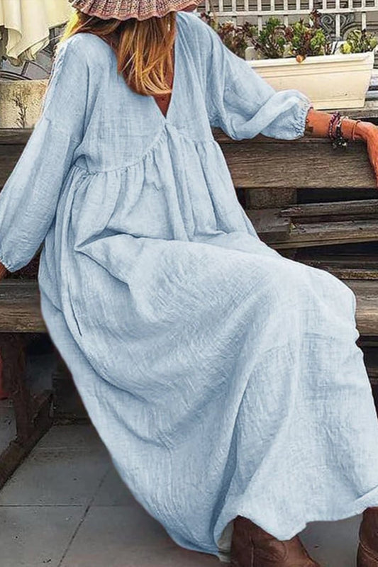 Robe de princesse fendue en coton et lin à col en V pour femme 