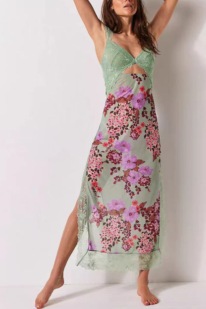 Robe longue imprimée fendue dos nu en dentelle verte