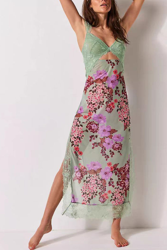 Robe longue imprimée fendue dos nu en dentelle verte