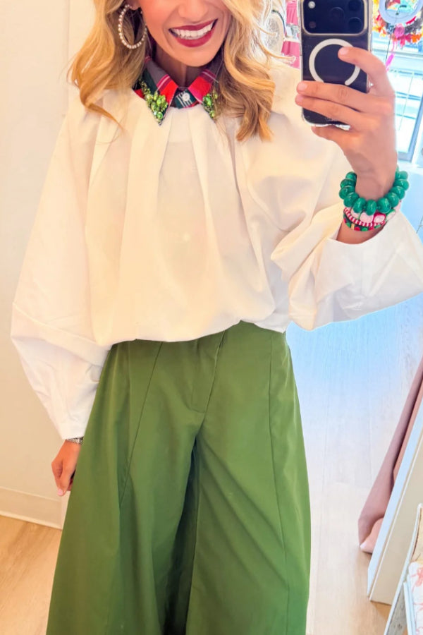 White Balloon Poplin Top and Green A Line Palazzo Pants Two-Piece Set
