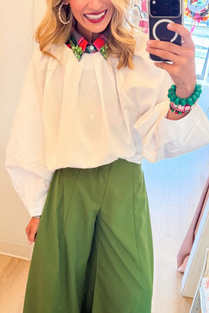 White Balloon Poplin Top and Green A Line Palazzo Pants Two-Piece Set