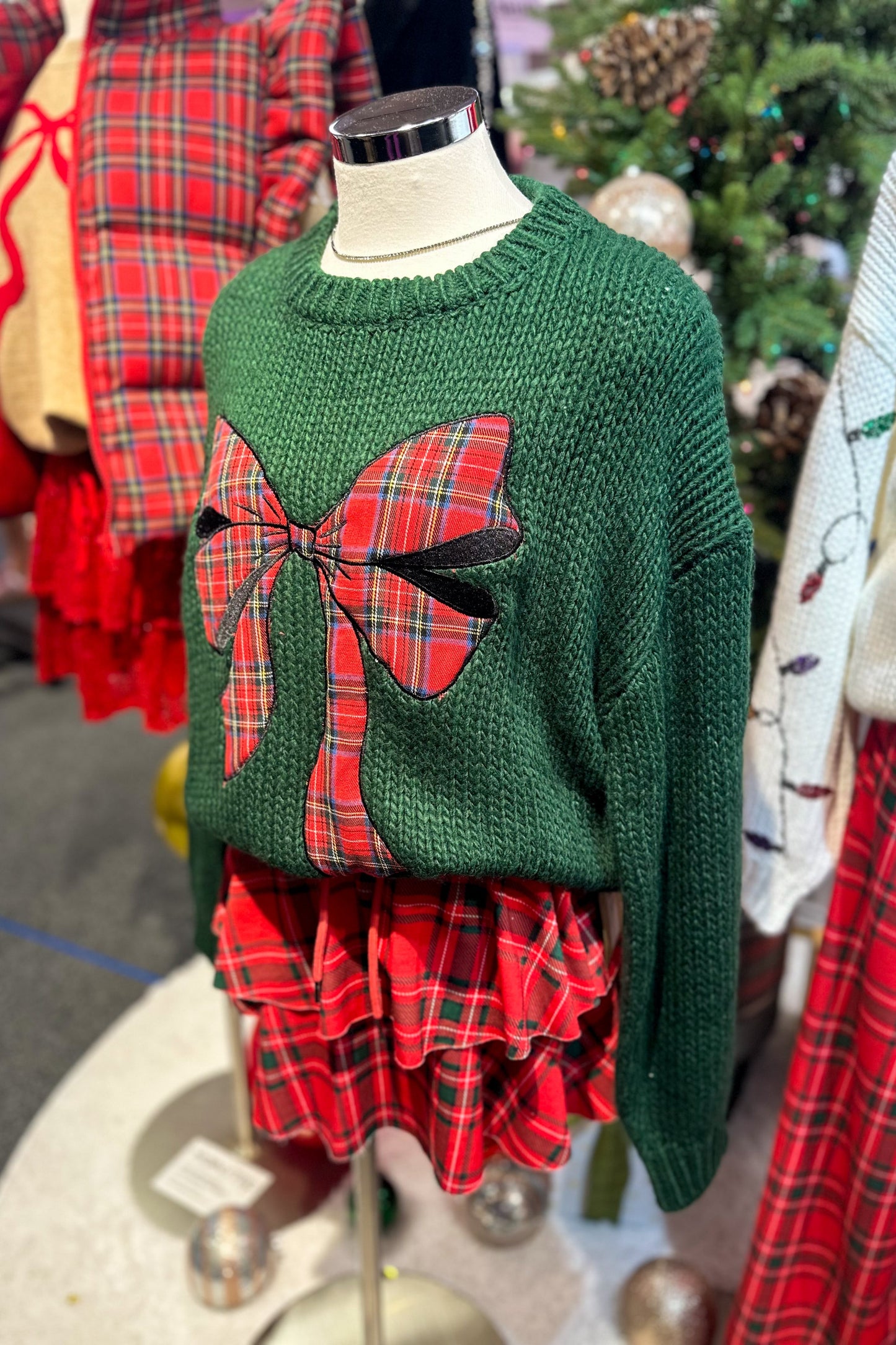 Santa Green Knit Sweater With Plaid Bow