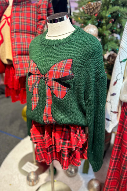 Santa Green Knit Sweater With Plaid Bow