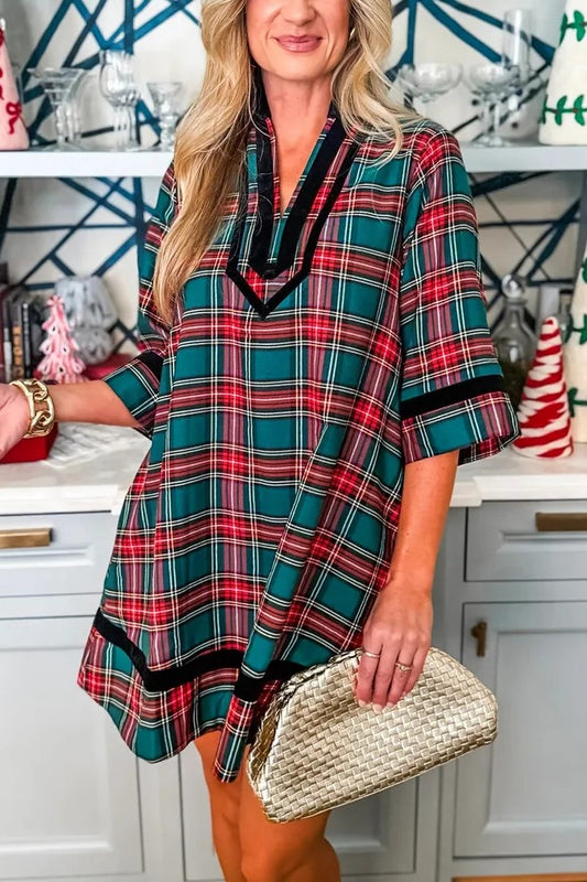 Green Plaid Velvet Trim Pockets Short Shift Dress