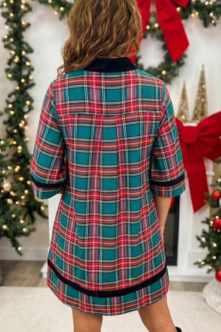 Green Plaid Velvet Trim Pockets Short Shift Dress