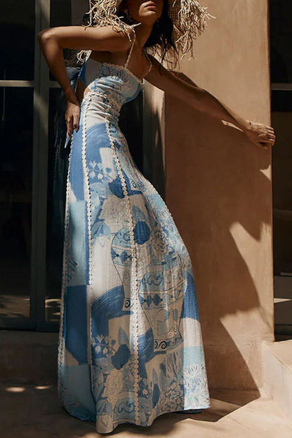 Robe longue évasée à col licou et dos noué en dentelle patchwork unique 