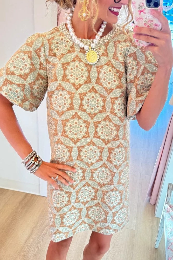 Evening Glow Taupe Brocade Dress