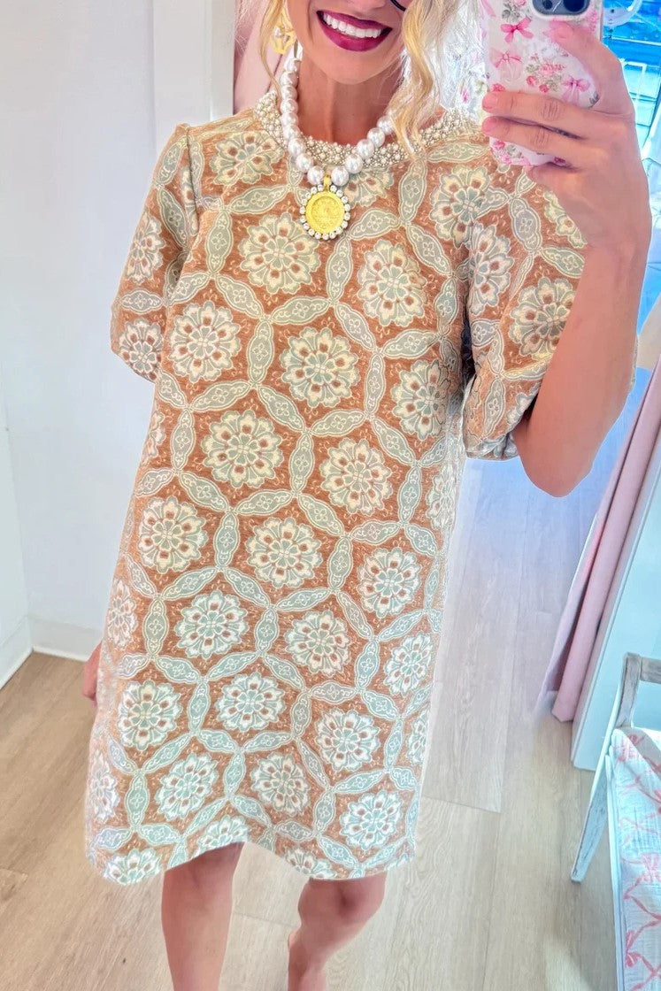 Evening Glow Taupe Brocade Dress
