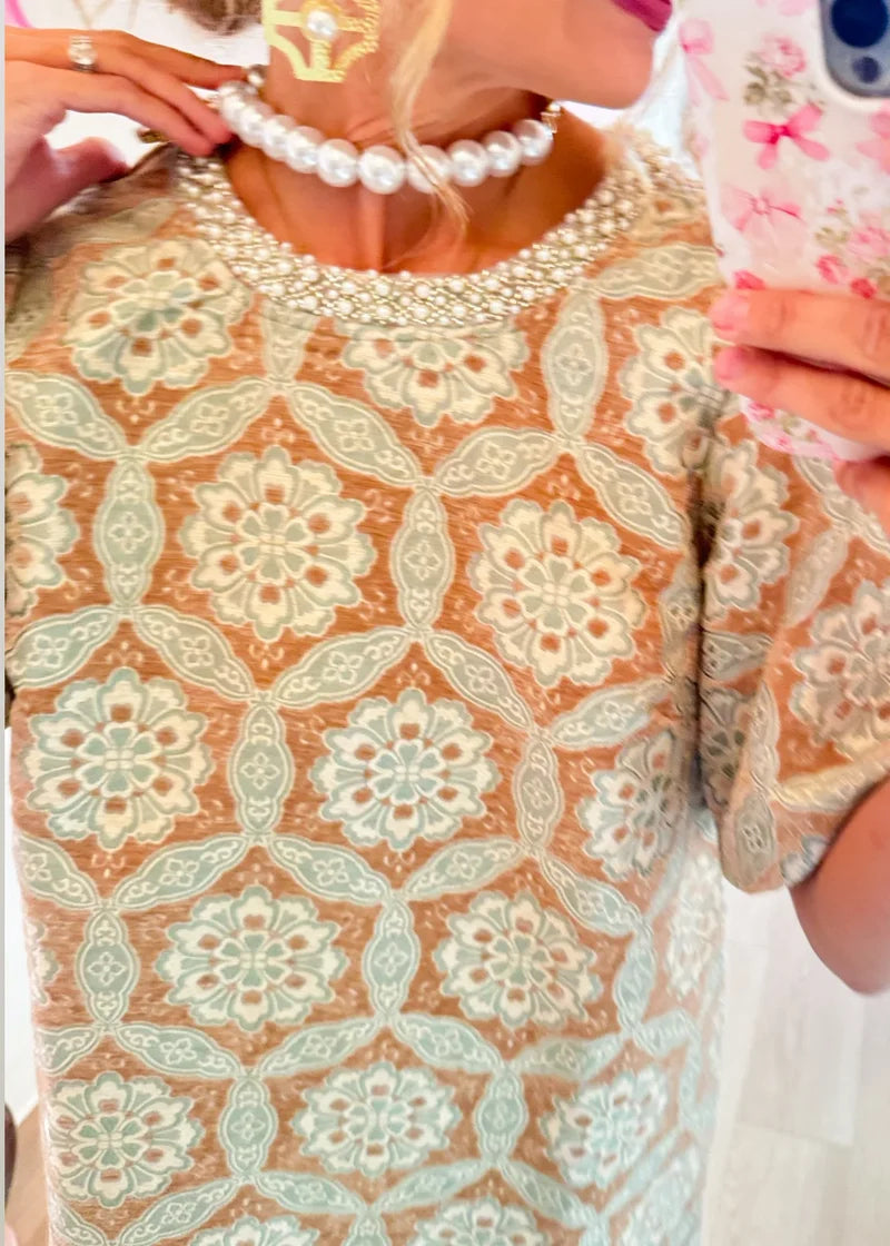 Evening Glow Taupe Brocade Dress