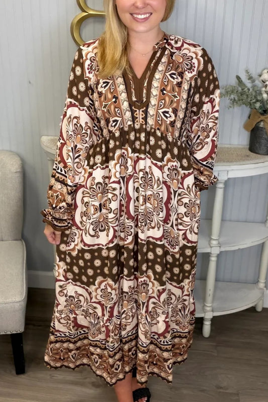 Fall Unique Design Gather LS Midi Dress