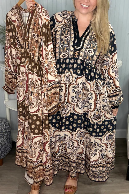 Fall Unique Design Gather LS Midi Dress