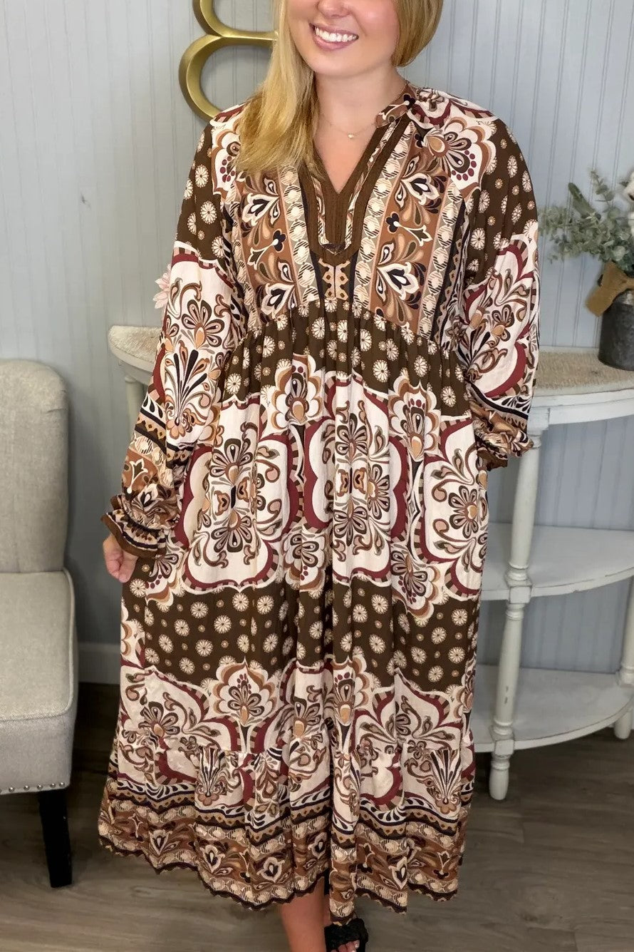 Fall Unique Design Gather LS Midi Dress