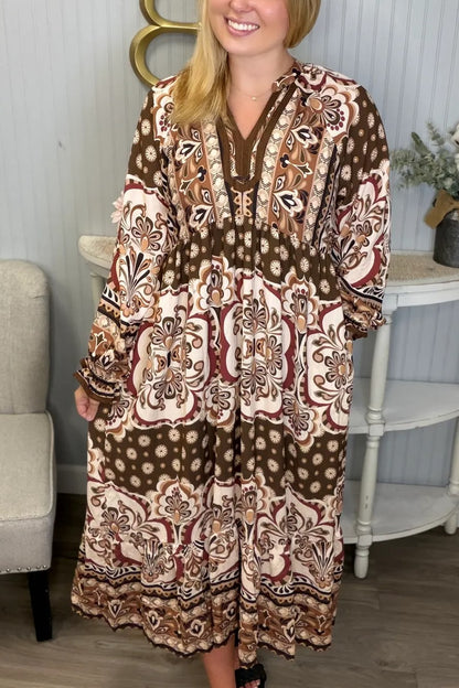 Fall Unique Design Gather LS Midi Dress