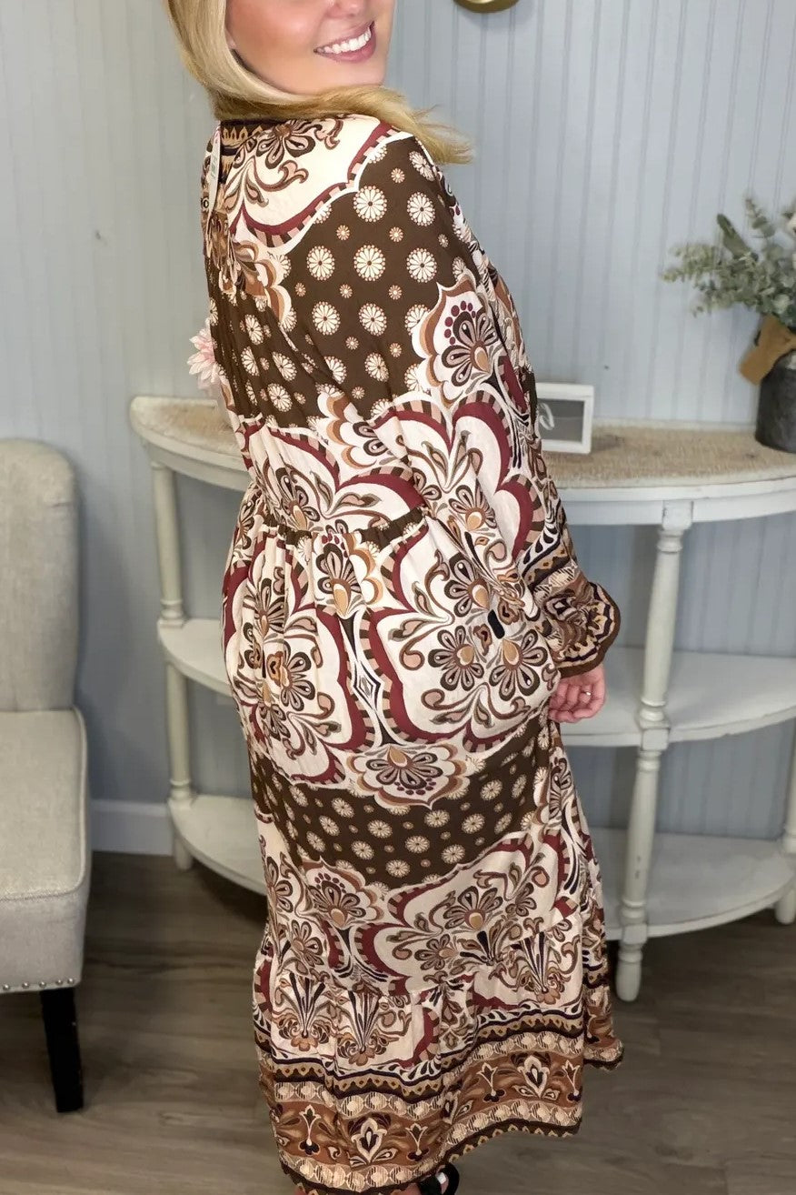 Fall Unique Design Gather LS Midi Dress
