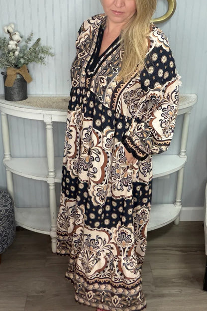 Fall Unique Design Gather LS Midi Dress
