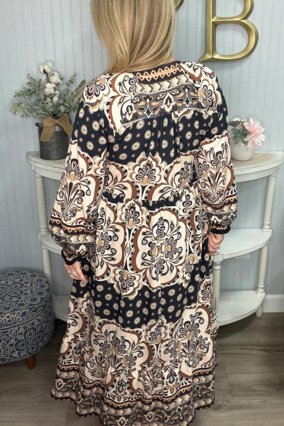 Fall Unique Design Gather LS Midi Dress