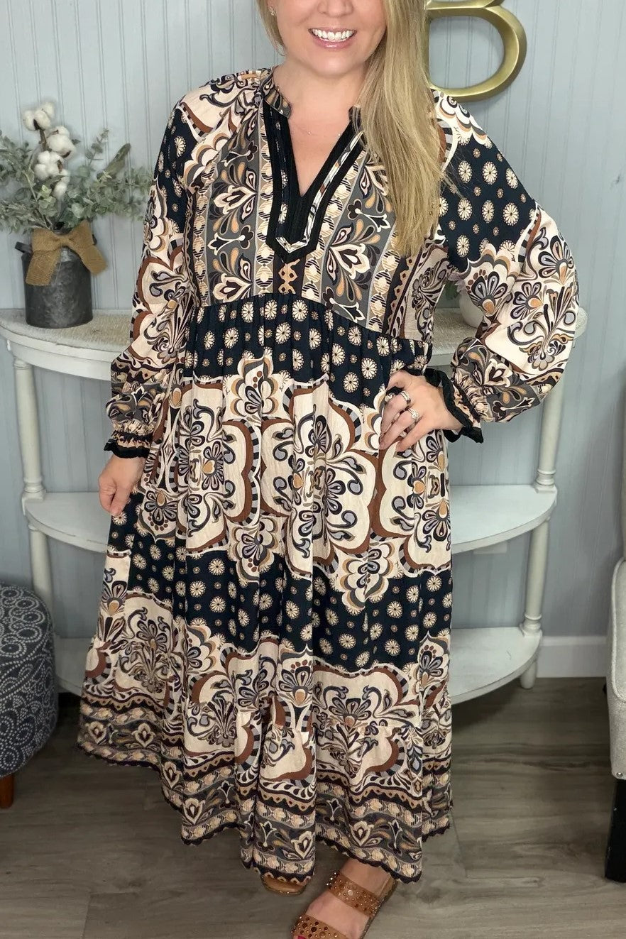Fall Unique Design Gather LS Midi Dress