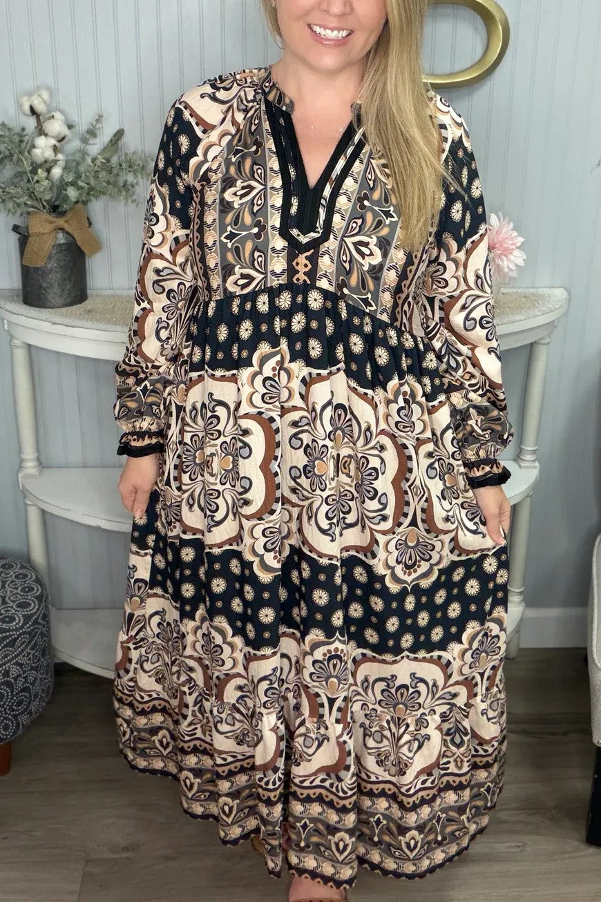 Fall Unique Design Gather LS Midi Dress