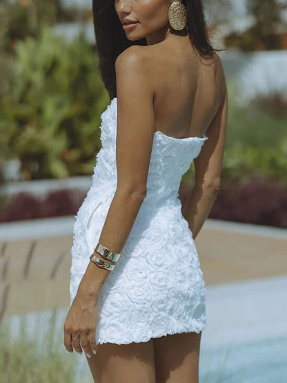 Robe courte à fleurs de couleur unie, dos nu, sexy, sans bretelles