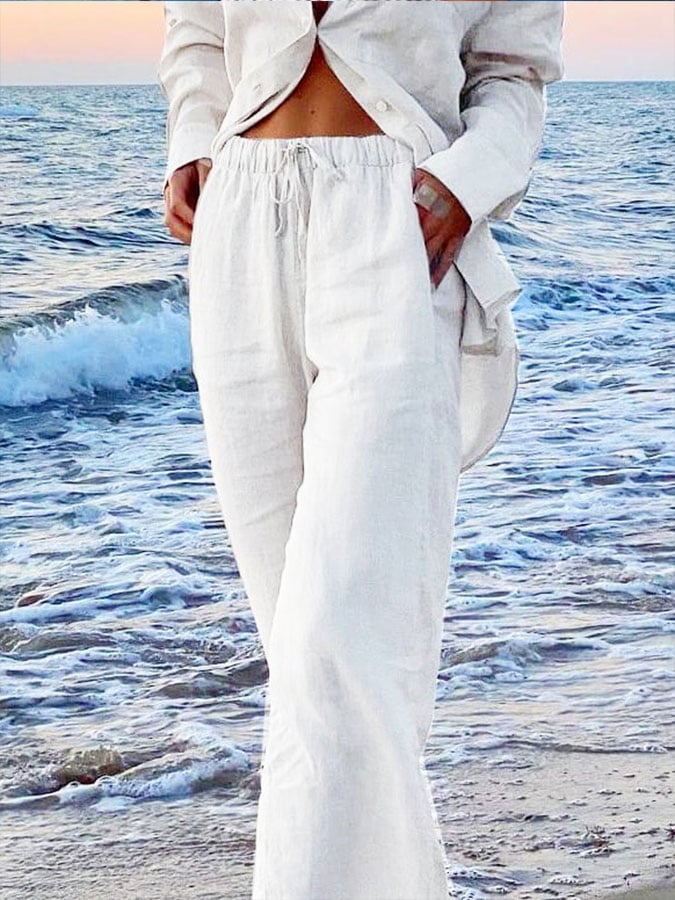 Pantalon large décontracté en coton et lin pour femme 