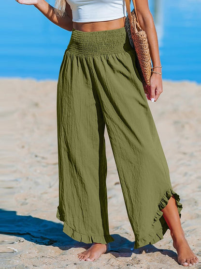 Pantalon décontracté ample en coton et lin à ourlet irrégulier plissé à taille haute pour femme 