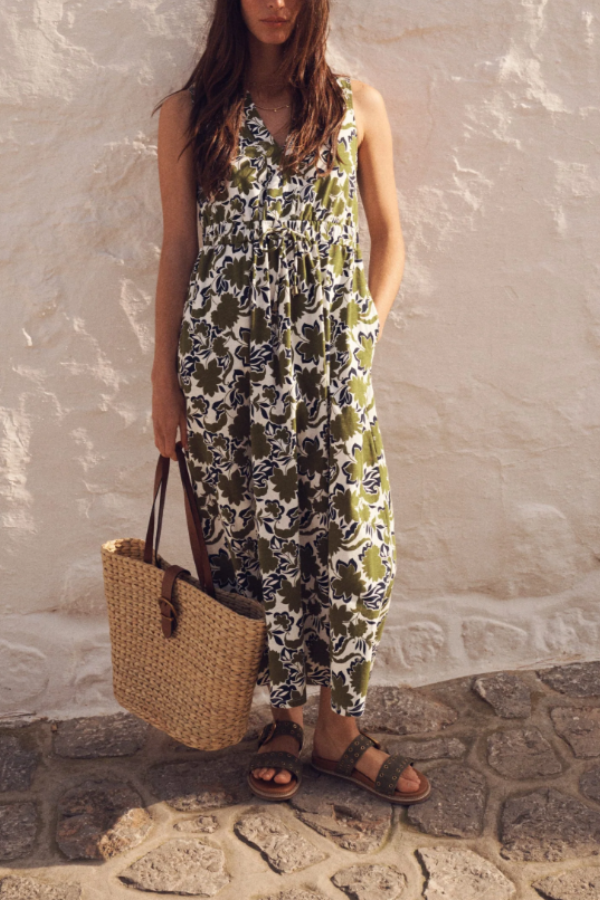 Botanical Print Drawstring Waist-Defining Maxi Dress