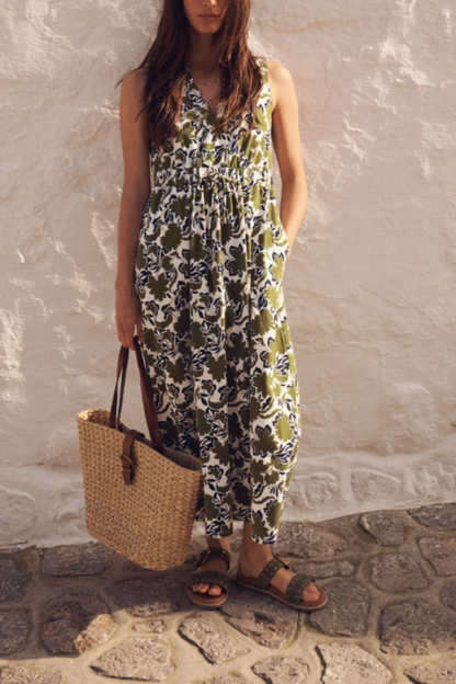Botanical Print Drawstring Waist-Defining Maxi Dress