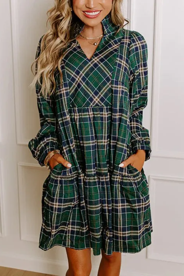 Plaid Print Frilly Collar Long Sleeve Mini Dress