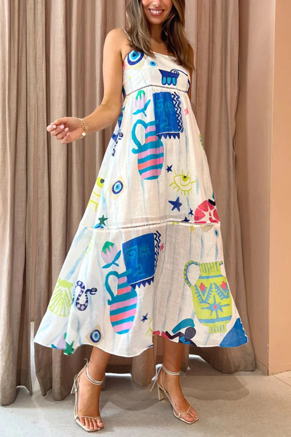 Robe mi-longue en lin mélangé à imprimé ludique et bordure en échelle She's The Fun