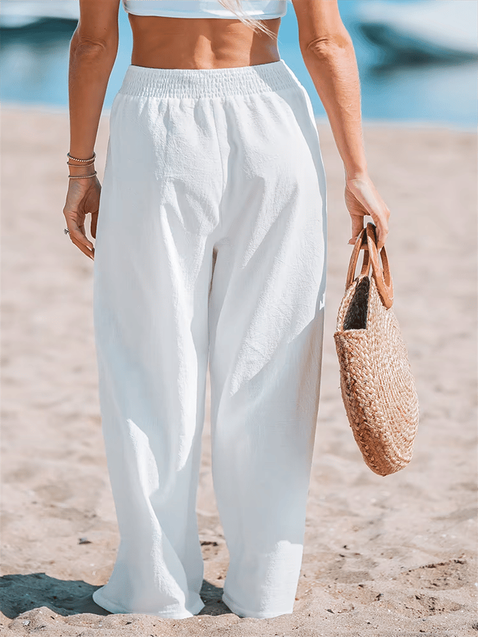Pantalon décontracté de vacances à taille élastique simple de couleur unie pour femme 