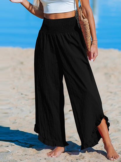 Pantalon décontracté ample en coton et lin à ourlet irrégulier plissé à taille haute pour femme 