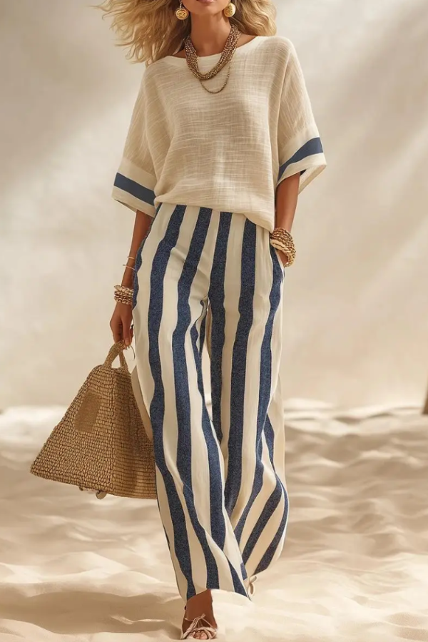 Beige Textured Color-block Top & Striped Elastic Waist Wide-leg Pants Set