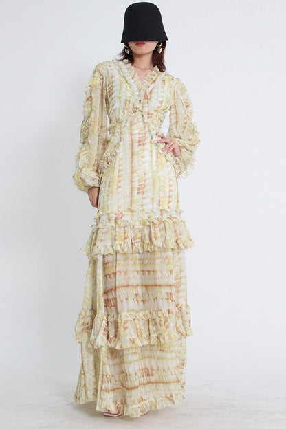 Robe longue en dentelle à col en V et manches bouffantes avec ourlet à volants superposés Jaune