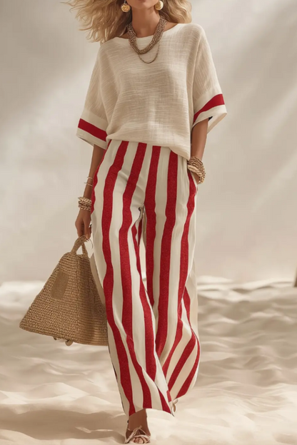 Beige Textured Color-block Top & Striped Elastic Waist Wide-leg Pants Set